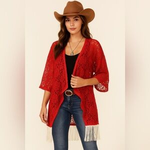 LuLaRoe Monroe shawl or kimono‎ in red lace with fringe women’s size large